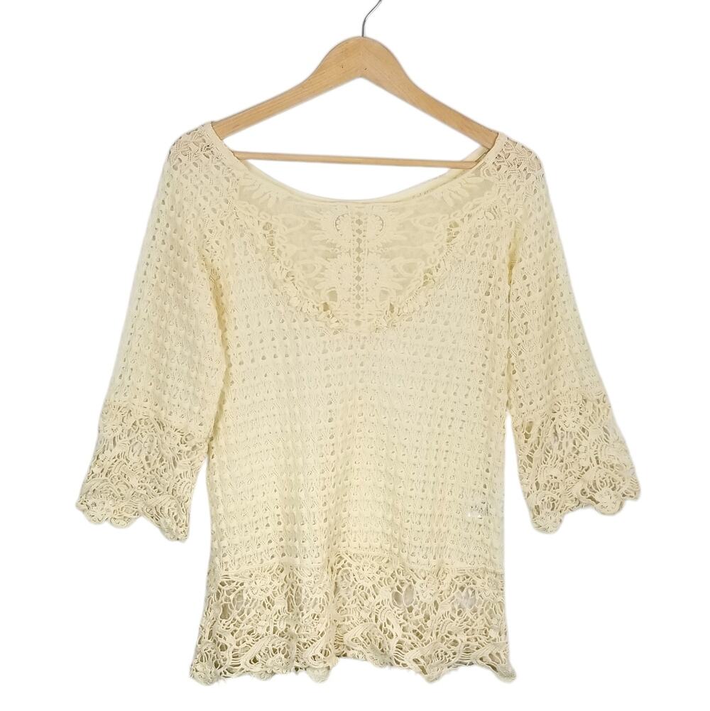 Umgee Women's Cream Long Sleeve Lace 3/4 Sleeve Boho Top Blouse Size Small